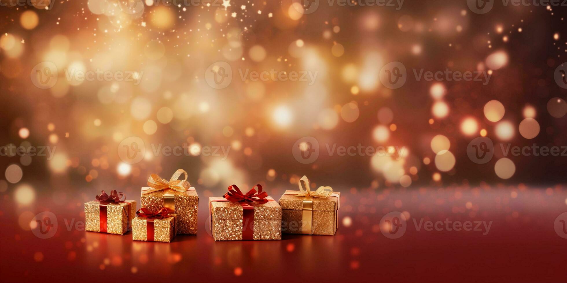 Christmas red background with gift boxes. Golden holiday New Year. Abstract background, wallpaper with lights, bokeh and sparks. Banner with blurry bokeh and small shiny sprinkles photo