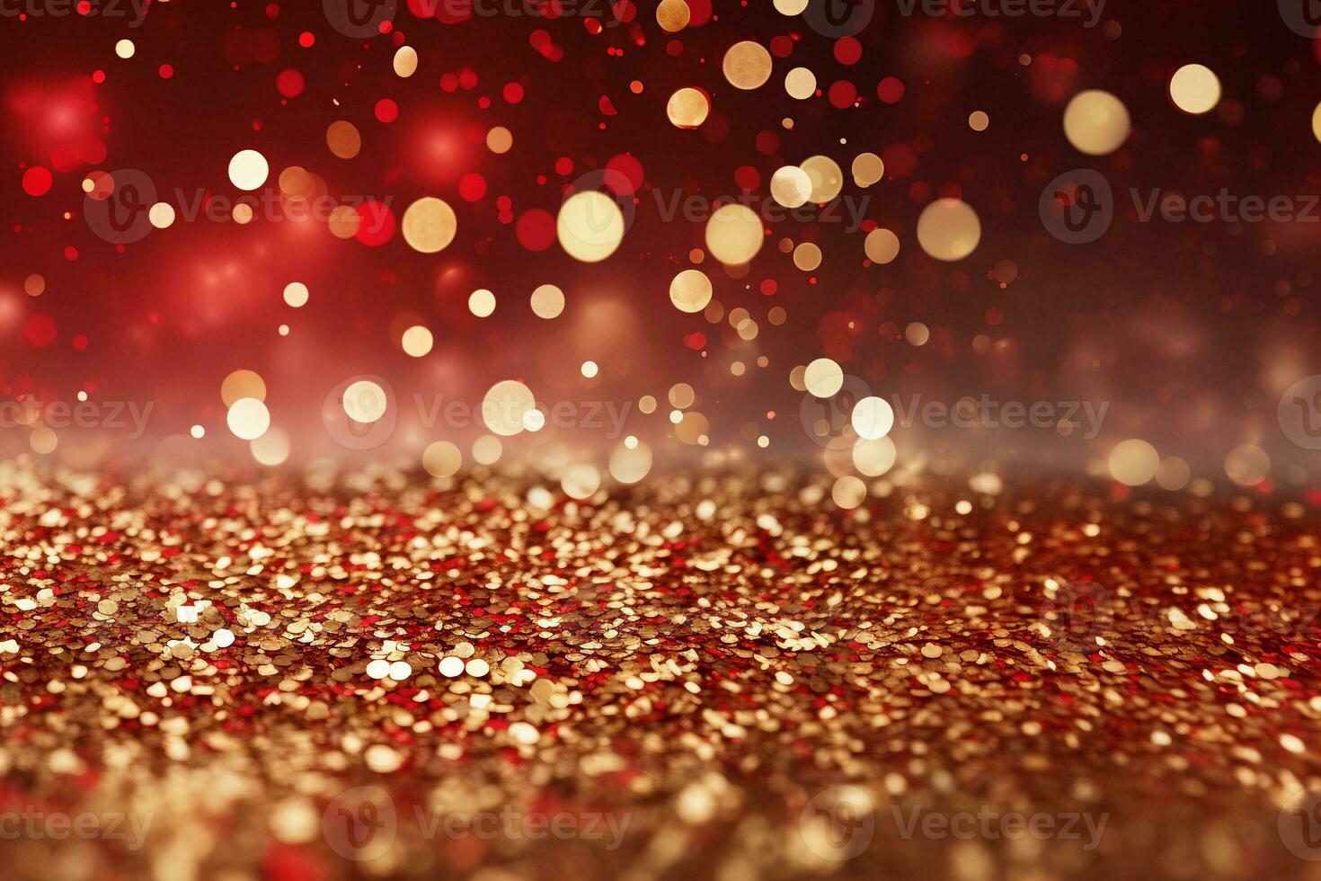 Christmas red background with lights, bokeh and sparks. Golden holiday New Year. Abstract background, wallpaper. Banner with blurry bokeh and small shiny sprinkles photo