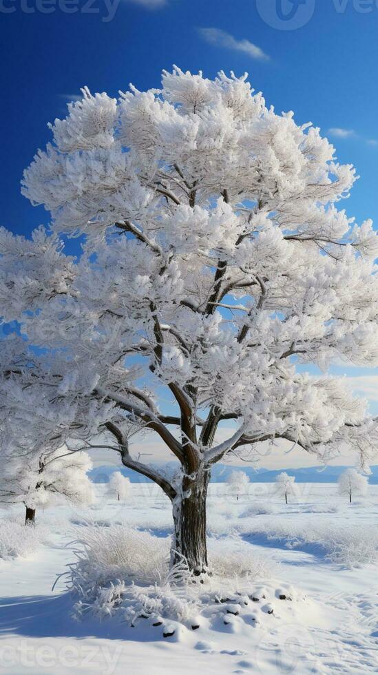 Winter white tree covered by snow AI generated photo