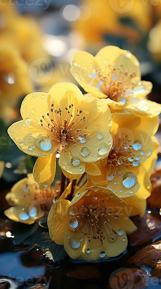 Hellebores flower on winter snow yellow light evening sun AI generated photo