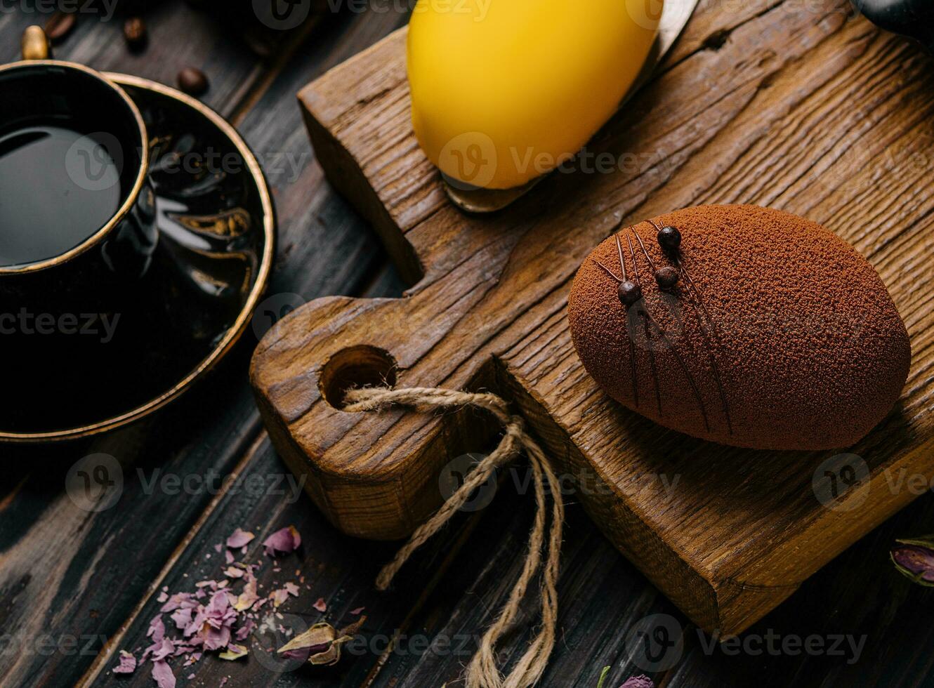 French mousse cakes with cup of coffee photo