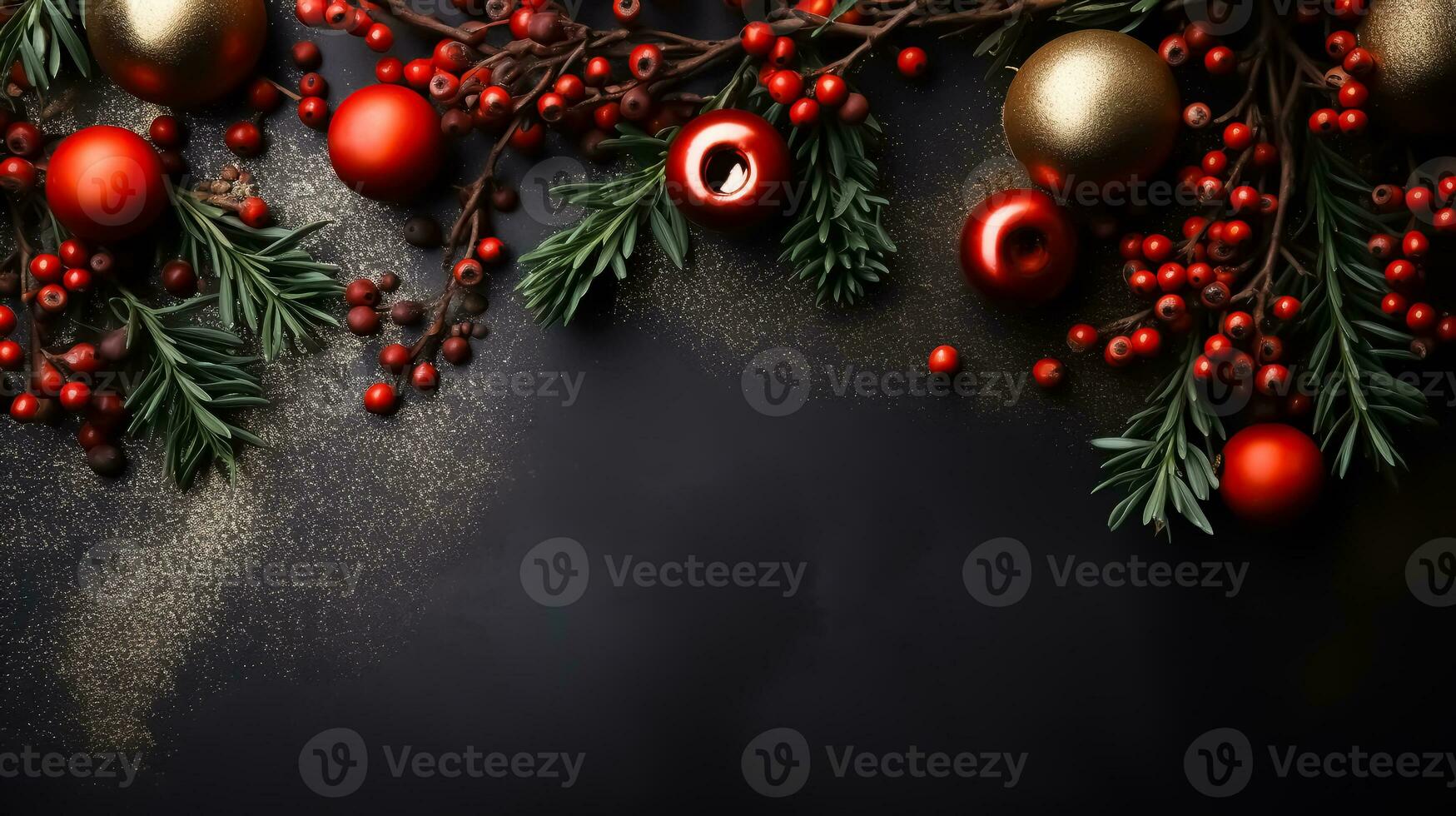 Festive Christmas border of fir branches, red ash berries, apples, shiny balls and golden dust on black background. Xmas and New Year decorations. Flatlay, top view, winter holiday. AI Generated photo