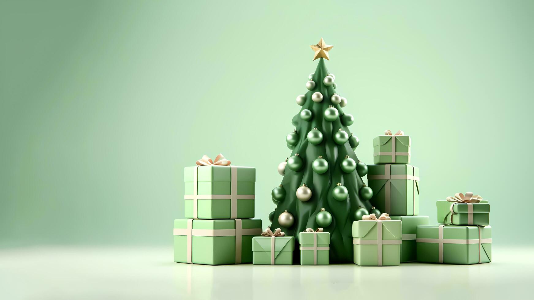 3D rendering Christmas tree and gift boxes on light green background with copy space. Abstract minimal mock up scene. Festive Xmas and New Year's studio interior platform. AI Generated photo