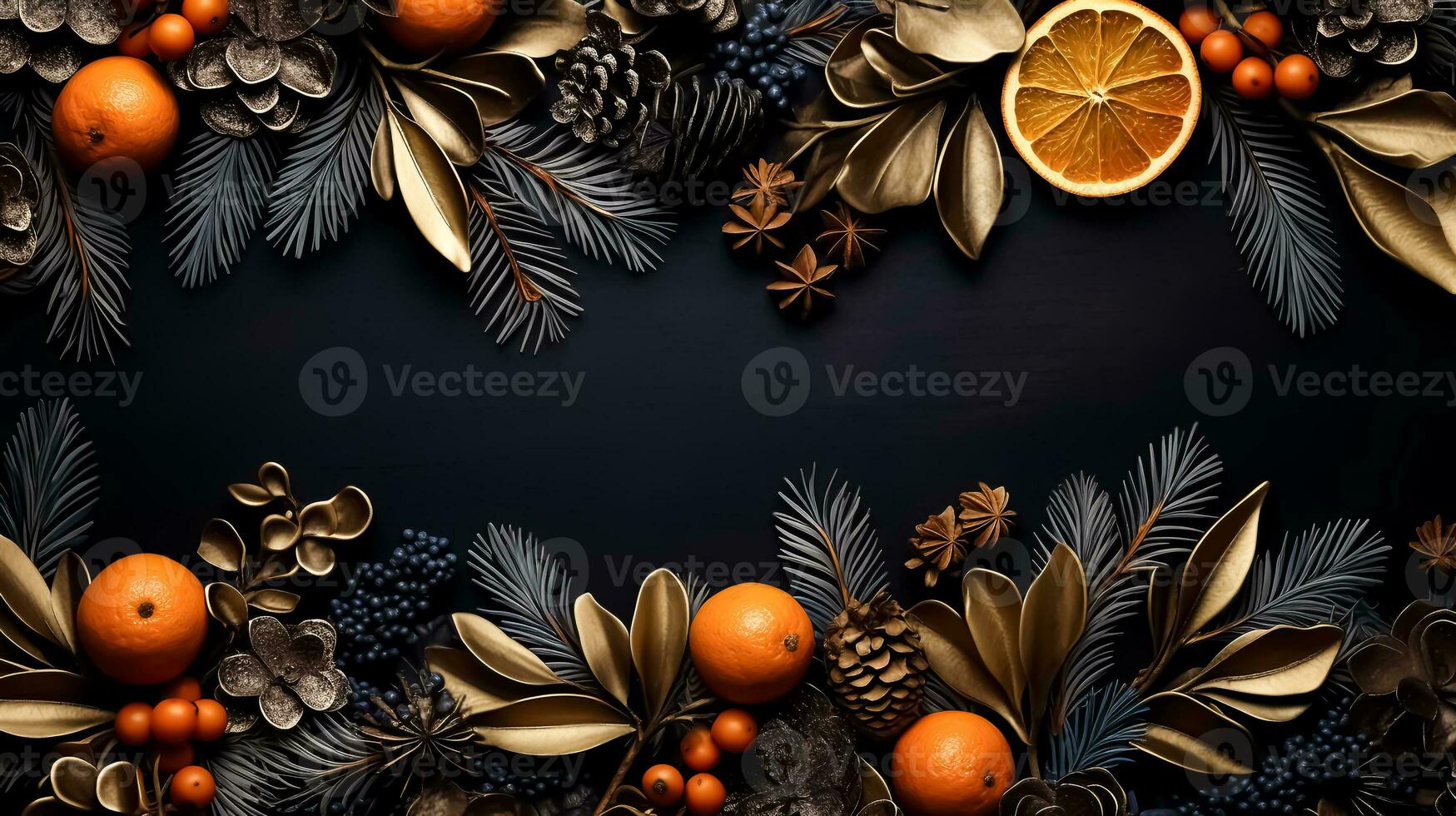 Luxury frame made of Christmas decorations on dark blue background with copy space. Xmas tree branches, oranges, pine cones, cardamom, sea-buckthorn, blueberry and golden leaves. Flatlay. AI Generated photo