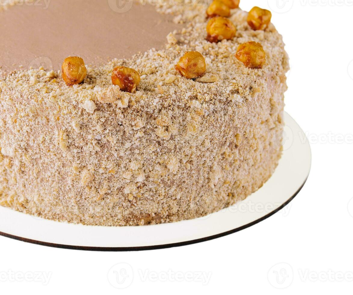 Kyiv cake with hazelnuts, chocolate glaze, and a buttercream-like filling photo