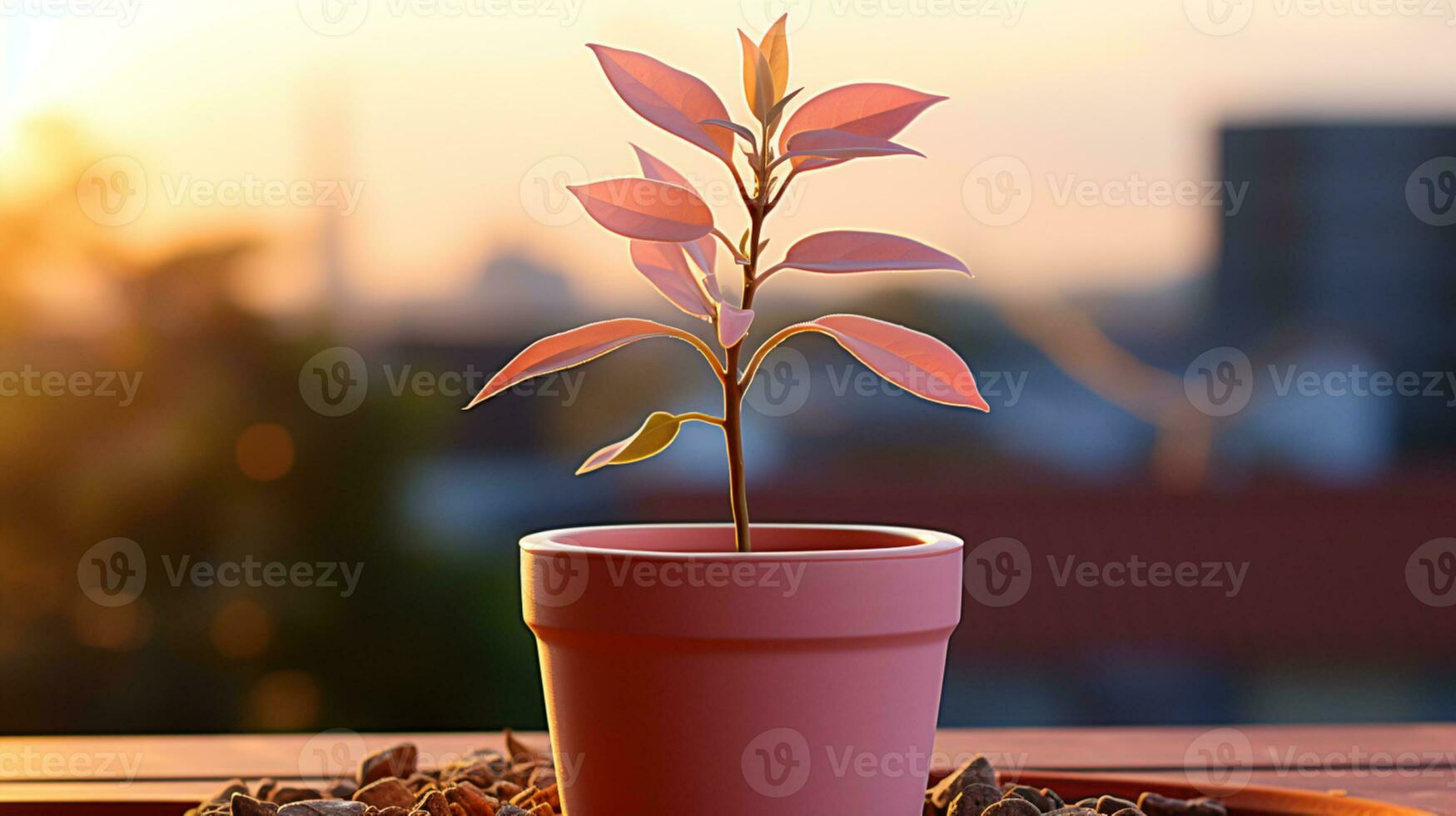 Plant tree sunset or sunrise sky yellow light on golden hours AI generated photo