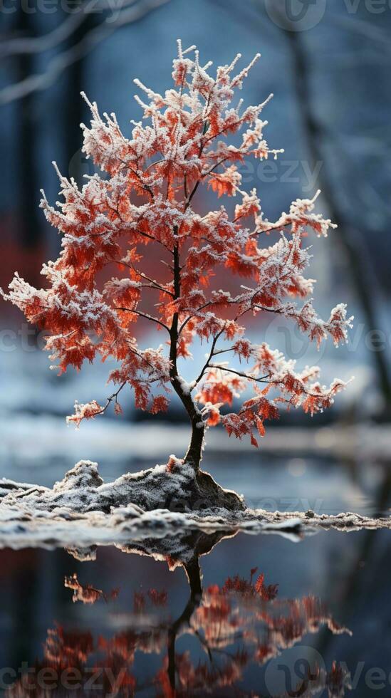 Winter red tree covered by snow AI generated photo