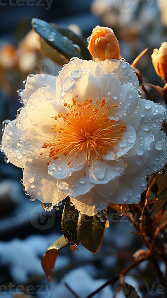 Camelia flower on winter snow evening sun AI generated photo