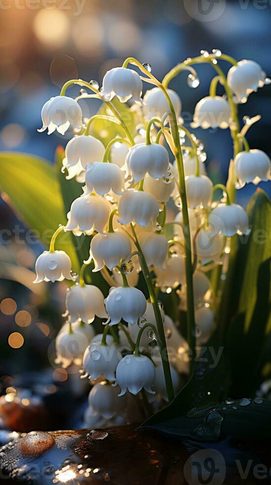 Lily of the valley flower on winter snow evening sun AI generated photo