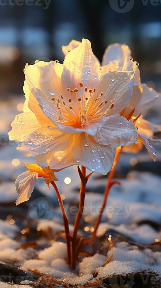 Hellebores flower on winter snow yellow light evening sun AI generated photo