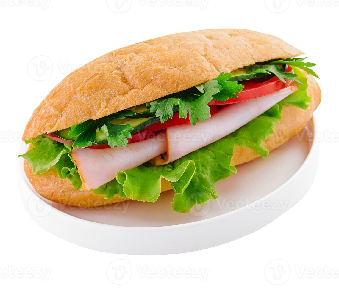 Delicious ham sandwich isolated on white plate photo