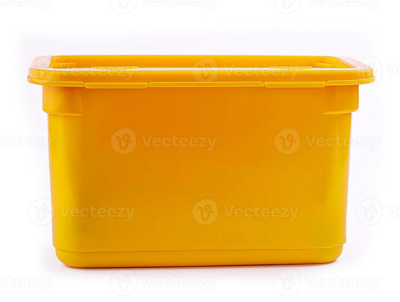 Plastic container with laundry powder isolated on white photo