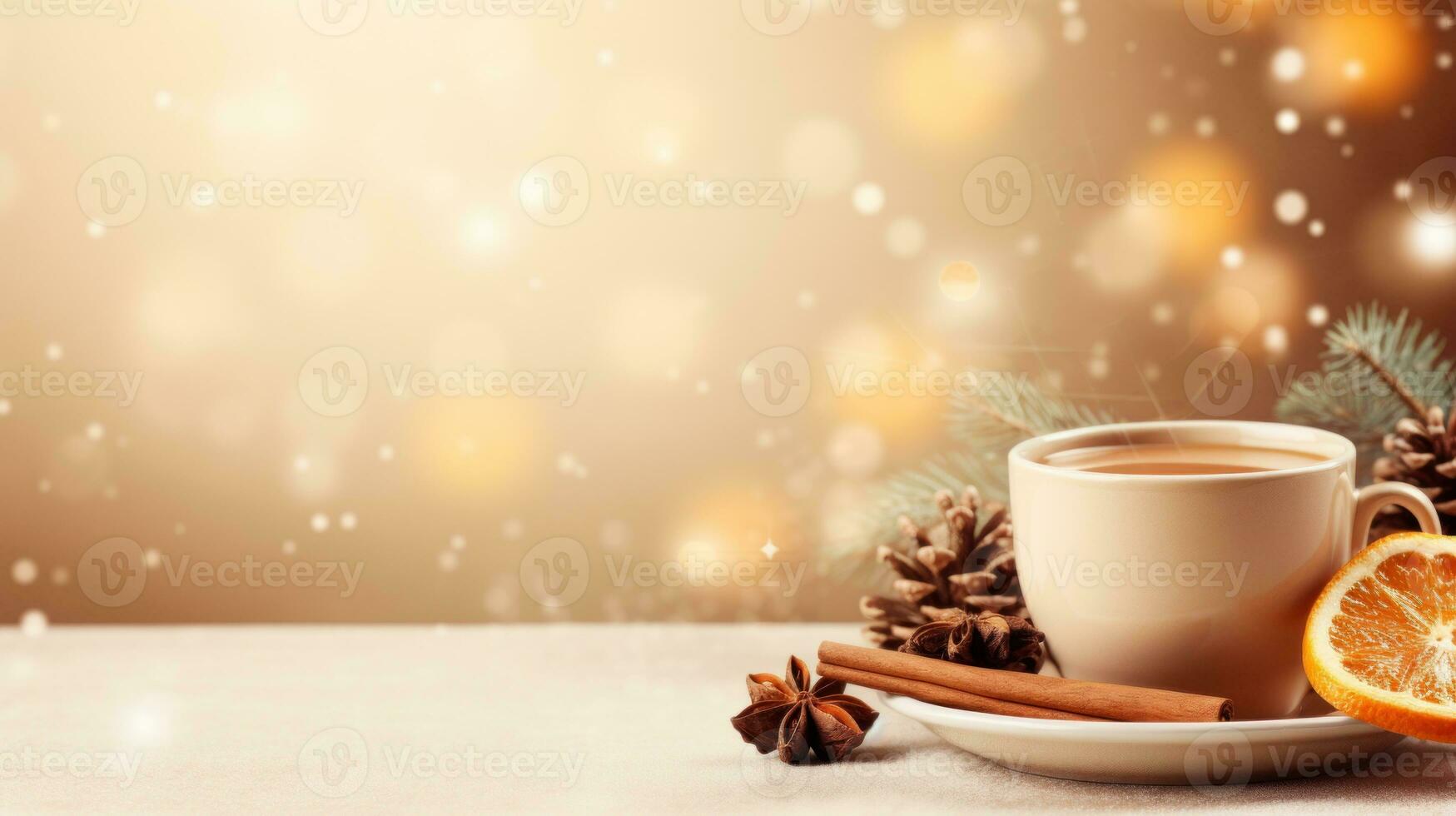 Cup of coffee at Christmas photorealistic copy space. Generative AI photo