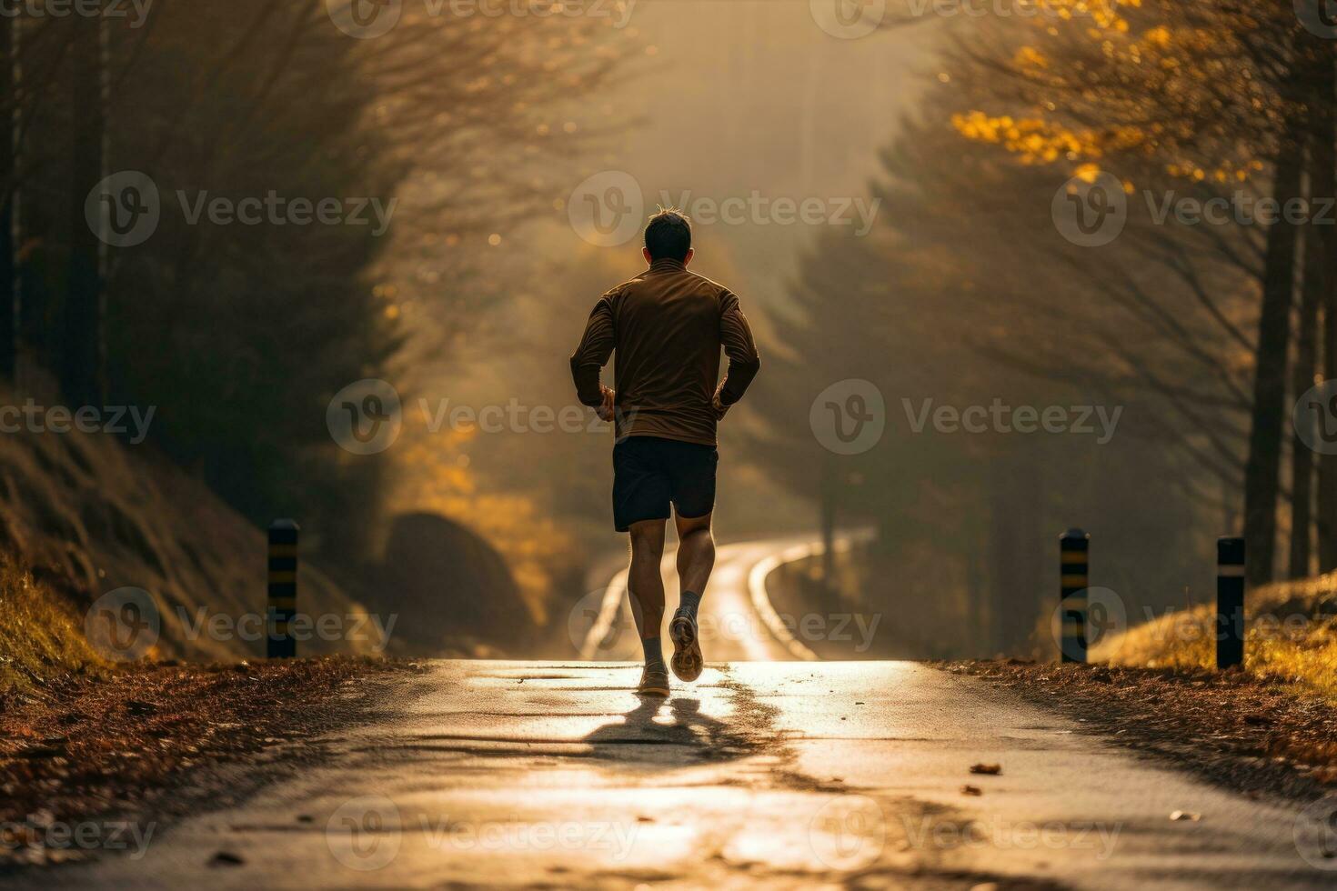 Man running along the road during sunset. Generative AI photo