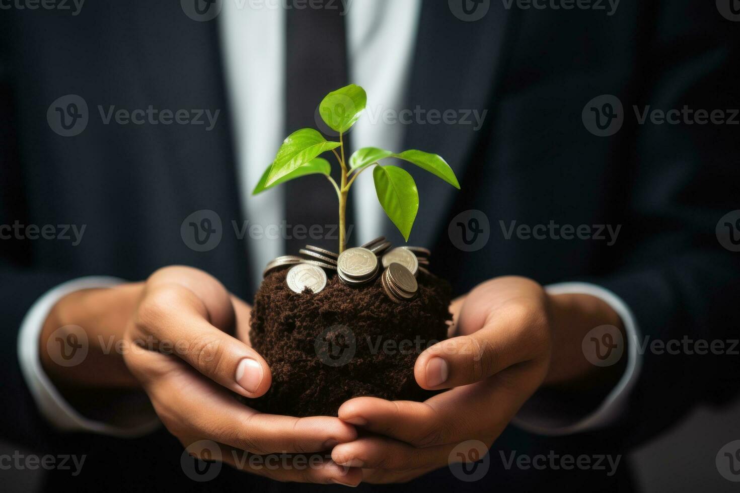 Man holding hip of coins with small green seedling growing from them. Generative AI photo