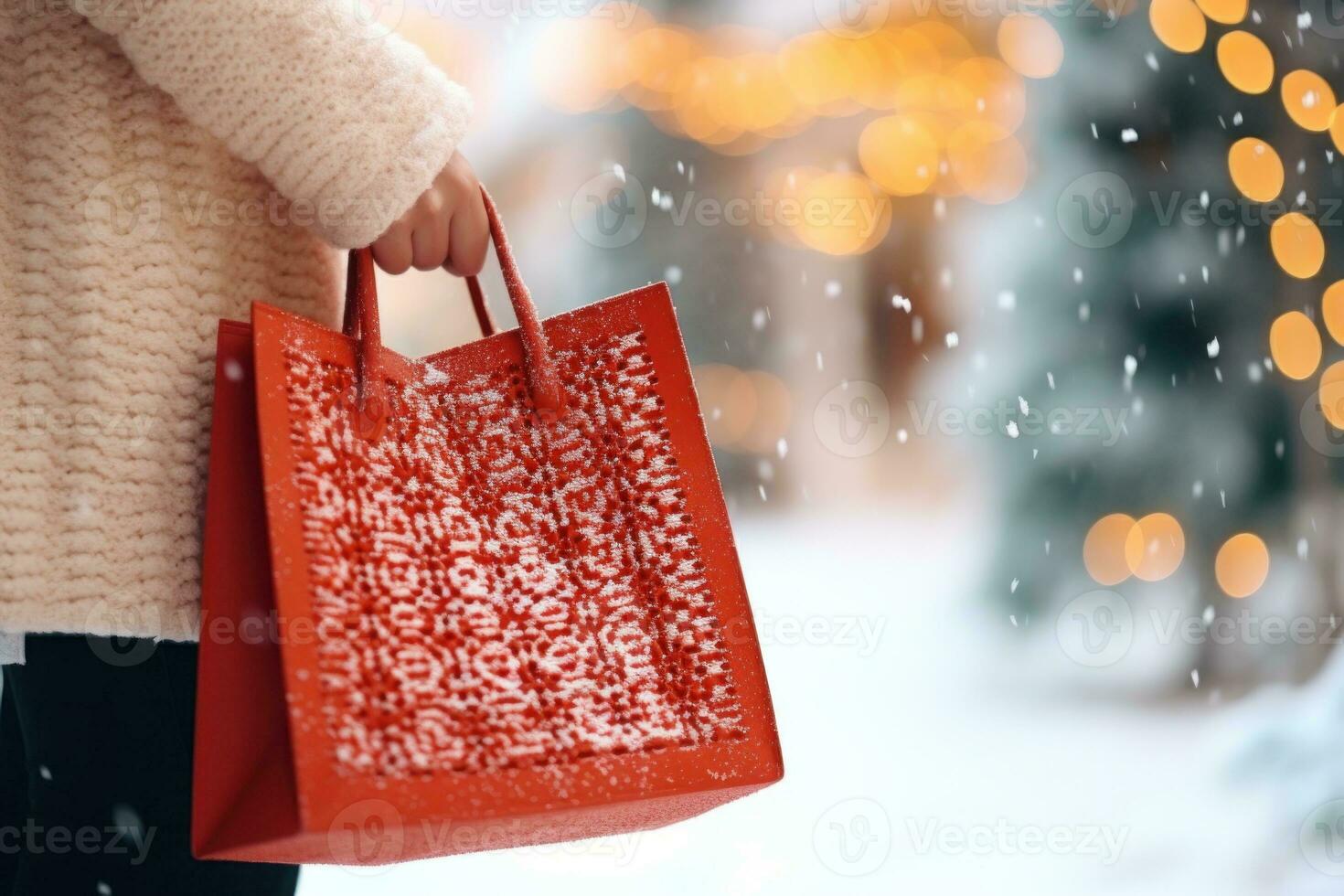 Woman in winter wear holds red shopping bag. Generative AI photo