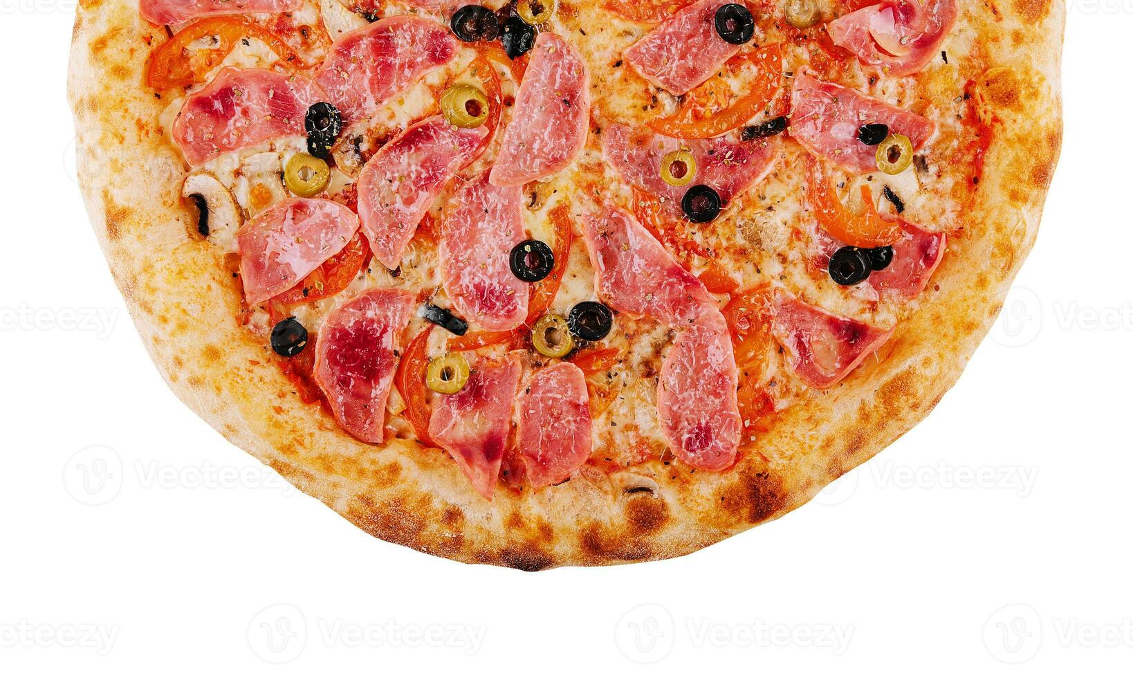 Italian fast food. delicious hot pizza with ham and champignons sliced photo