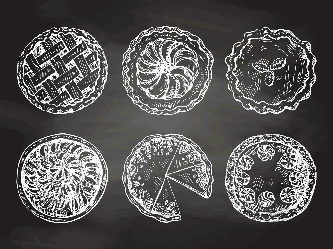 Hand-drawn vintage set of traditional cakes and pies sketch on chalkboard background. Top view. Vector collection of ink baking illustration. Food for Thanksgiving, Christmas.