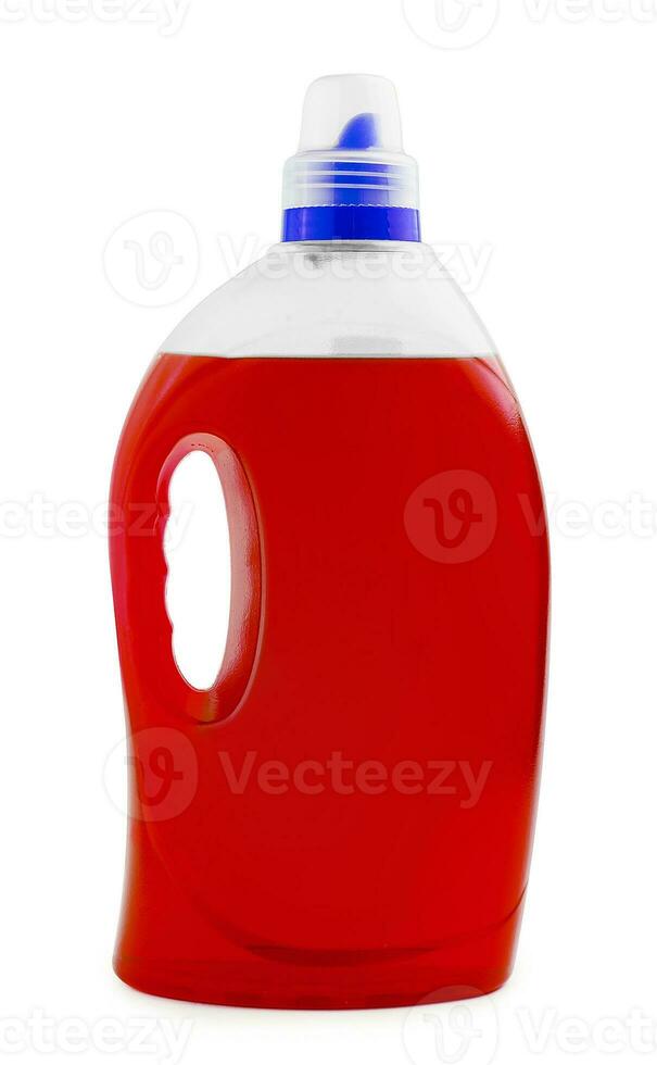 Red liquid soap or detergent in a plastic bottle photo