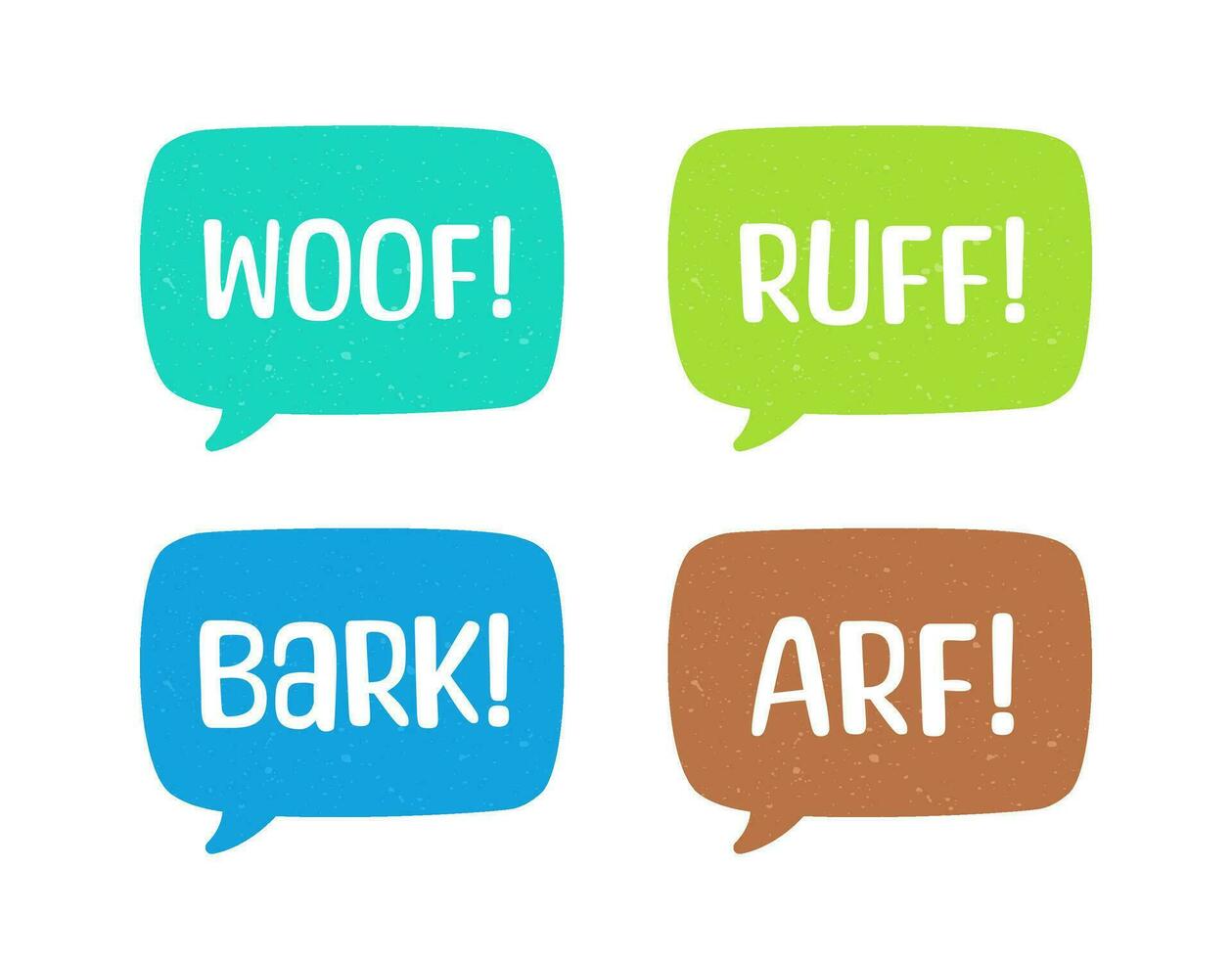 Dog bark animal sound effect text in a speech bubble balloon clipart set. Cute cartoon onomatopoeia comics and lettering. vector