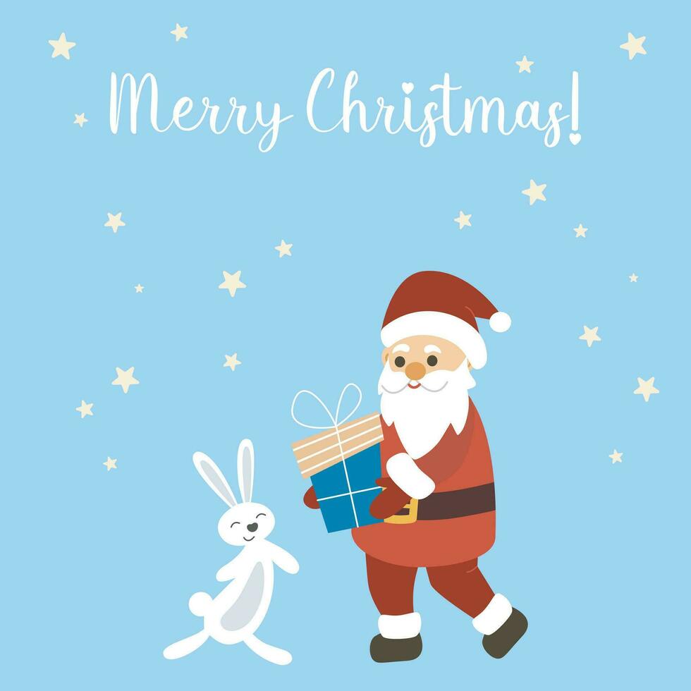 Christmas card with Santa and bunny. Merry Christmas vector
