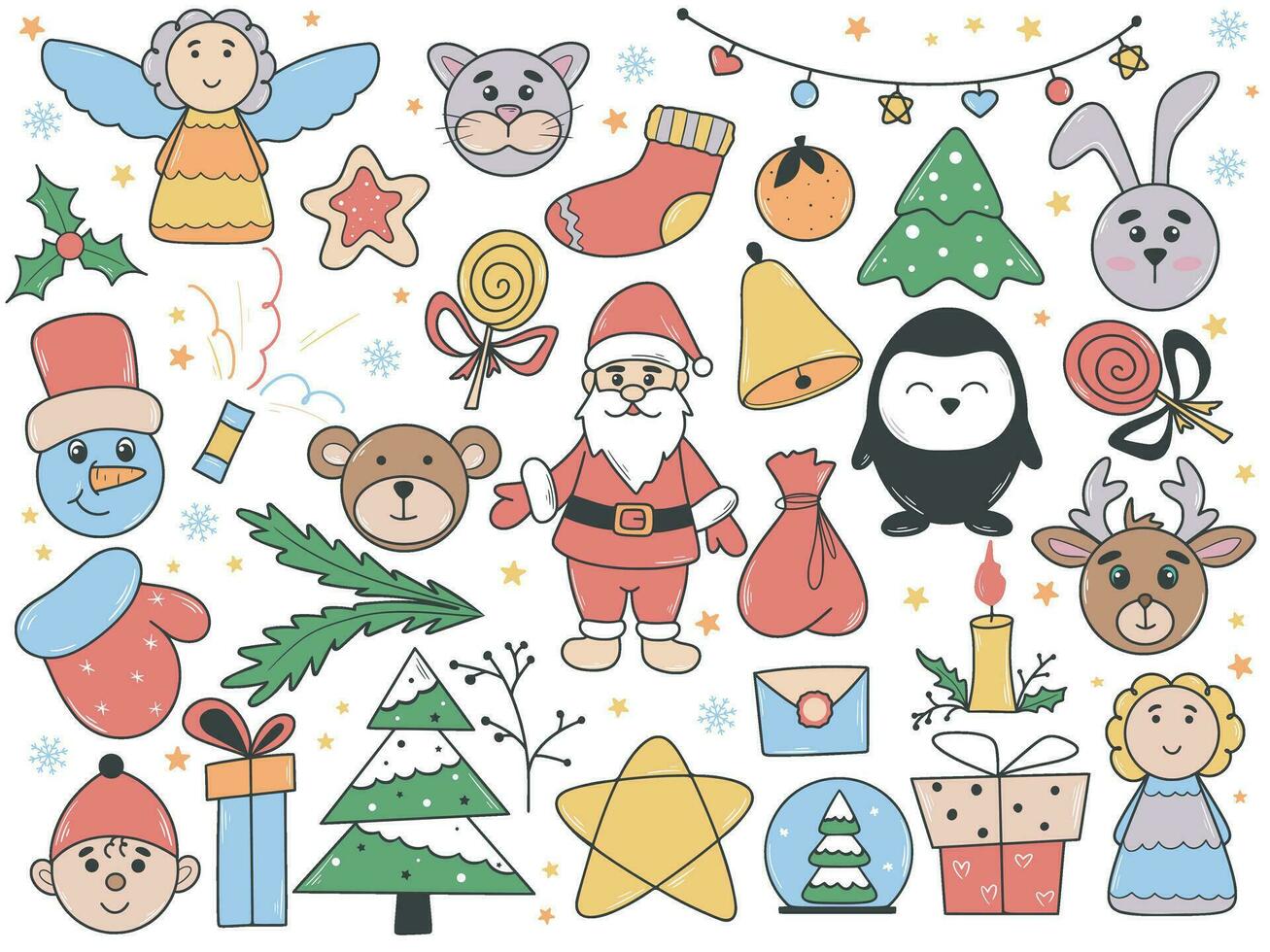 Hand drawn big set Christmas characters and attributes clip art vector