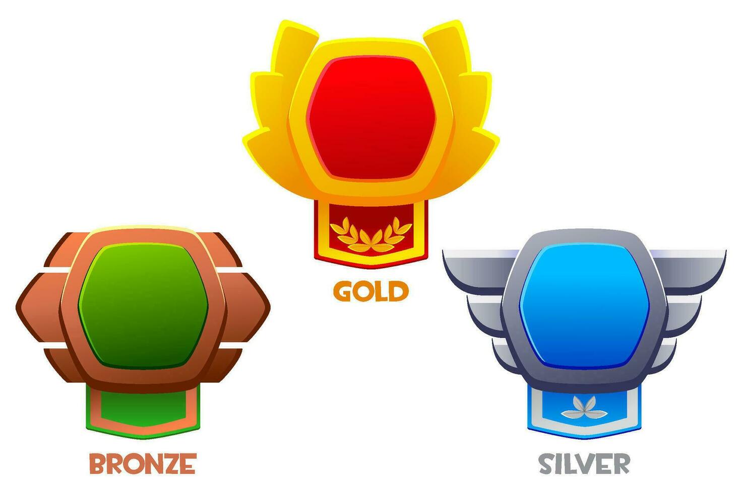Game level bronze, silver, and gold badges. Empty award badges with royal banners and UI icons. Isolated bonus graphic elements, reward, trophy achievement, and prize. Cartoon vector set