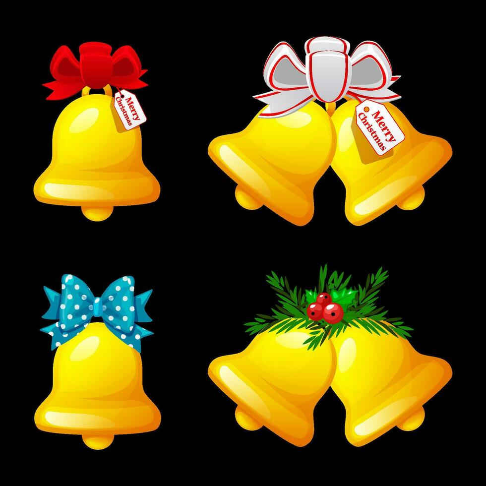 Golden bells with different ribbons on a black background. Vector objects for Christmas.