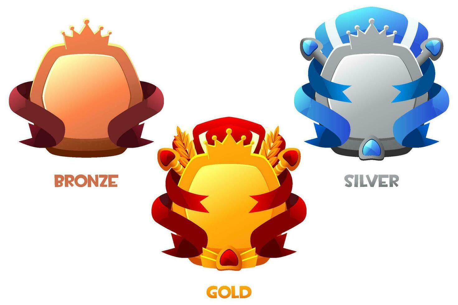 Game level bronze, silver, and gold badges. Empty award badges with royal banners and UI icons. Isolated bonus graphic elements, reward, trophy achievement, and prize. vector