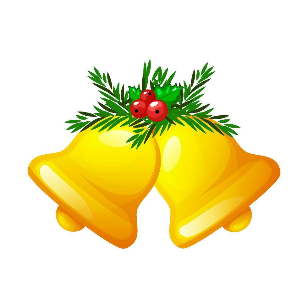 Christmas golden bells with berries isolated on a white background.Christmas symbol, school bell, cartoon bell. vector