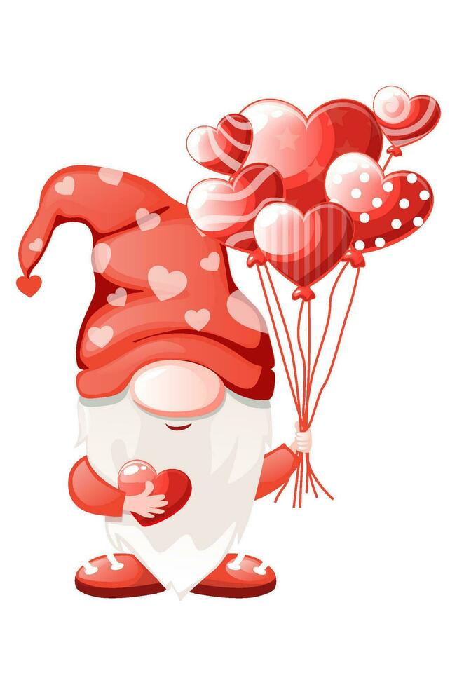 Cute Valentine gnome with heart-shaped balloon Vector illustration for St. Valentine s Day.