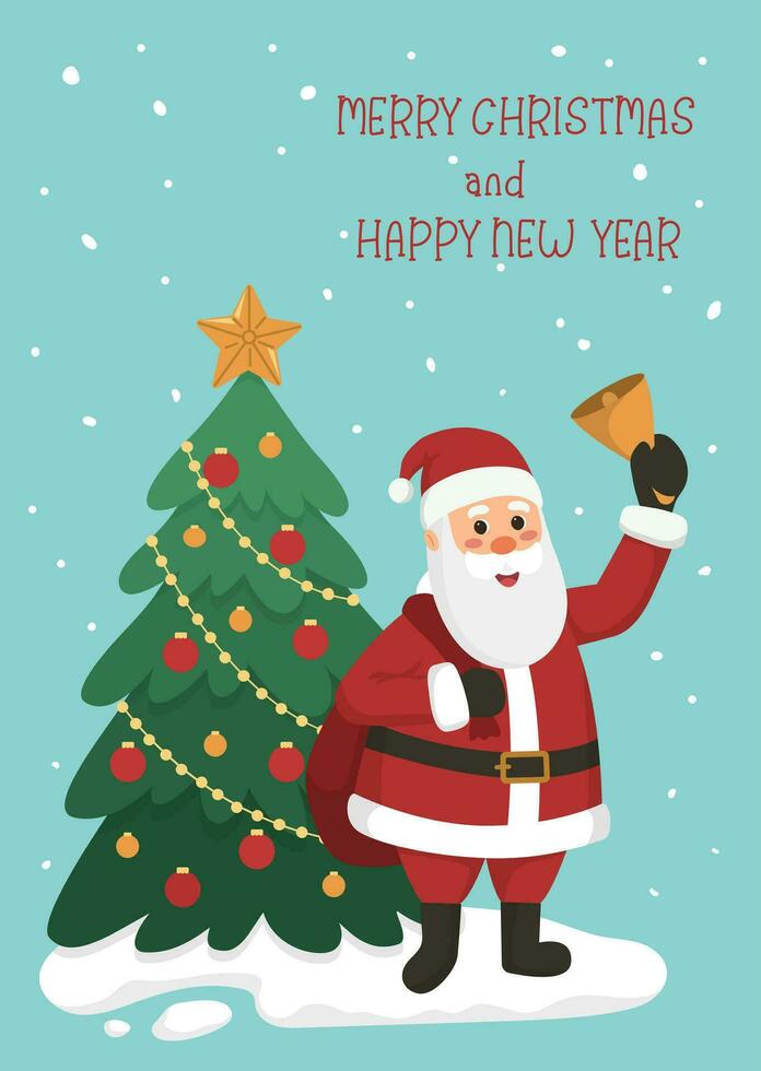 Navidad tarjeta o póster Papa Noel claus anillos el campana, Navidad árbol, nieve y texto alegre Navidad y contento nuevo año en azul antecedentes. plano dibujos animados vector ilustración.