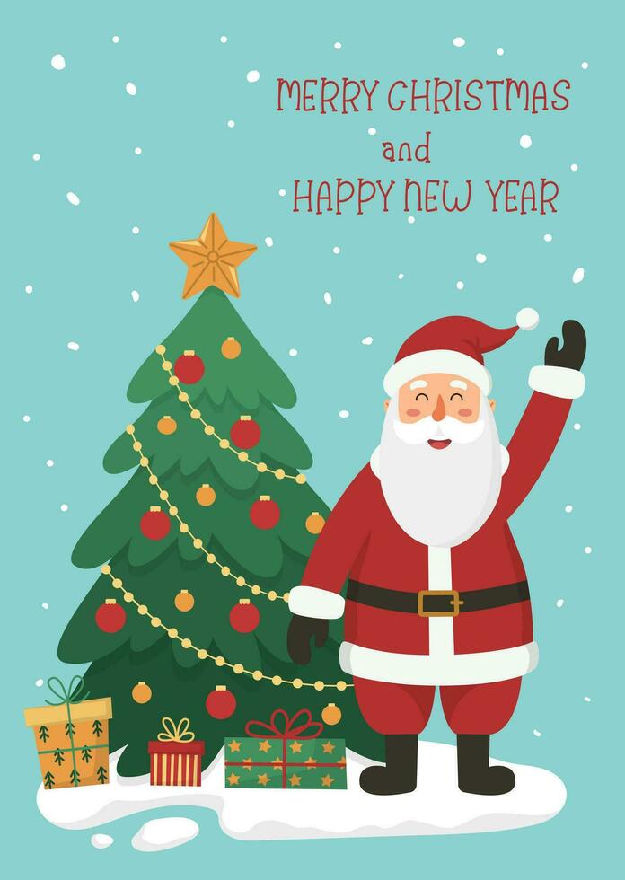 Christmas card or poster Santa Claus waving hand, gift boxes, Christmas tree, snow and text Merry Christmas and Happy New Year on blue background. Flat cartoon vector illustration.