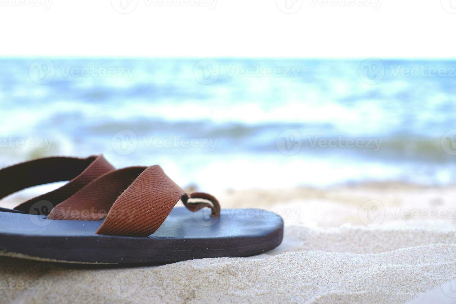 A pair of flip flops stuck on the sand of a beach. photo