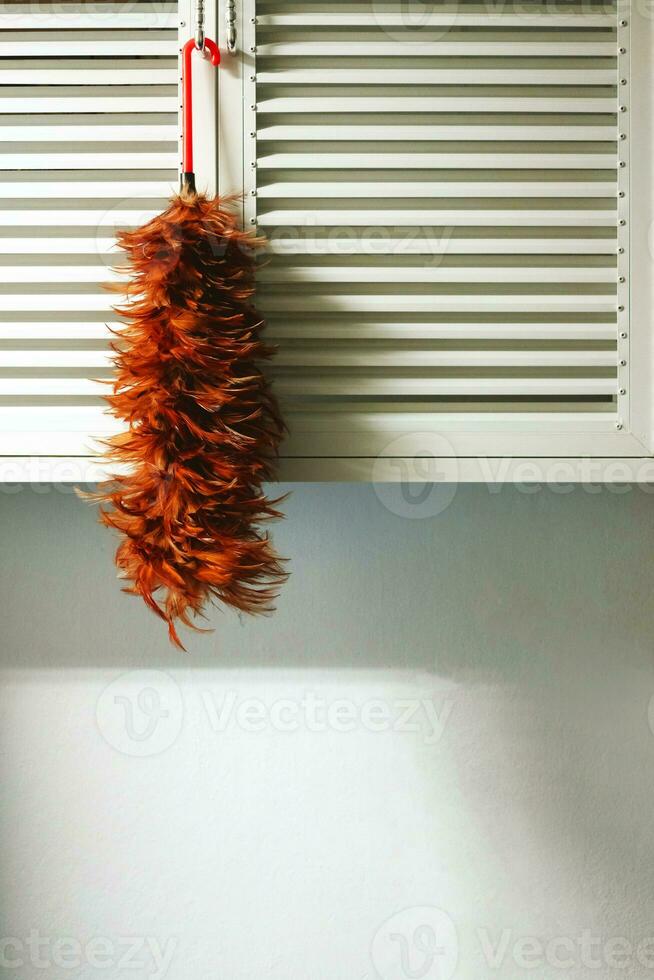 Feather broom, Soft duster with plastic handle, white cabinet backdrop photo