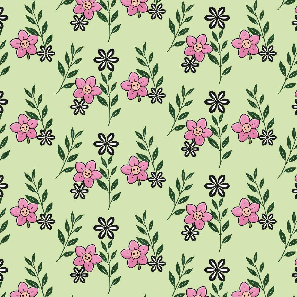 Diagonal Pattern of Stylized Pink and Black Flowers on a Pale Green Background vector