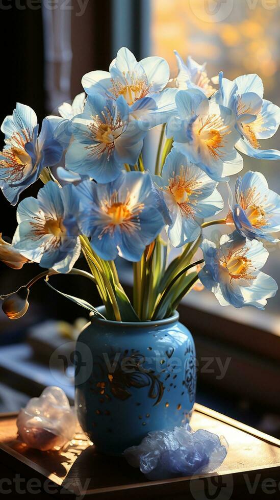 azul orquídea en vas y puesta de sol ai generado foto