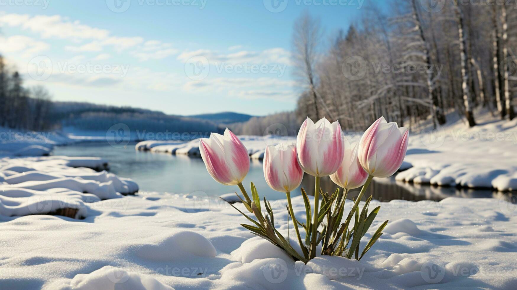 AI generated Pansy flower on winter snow with sun light photo