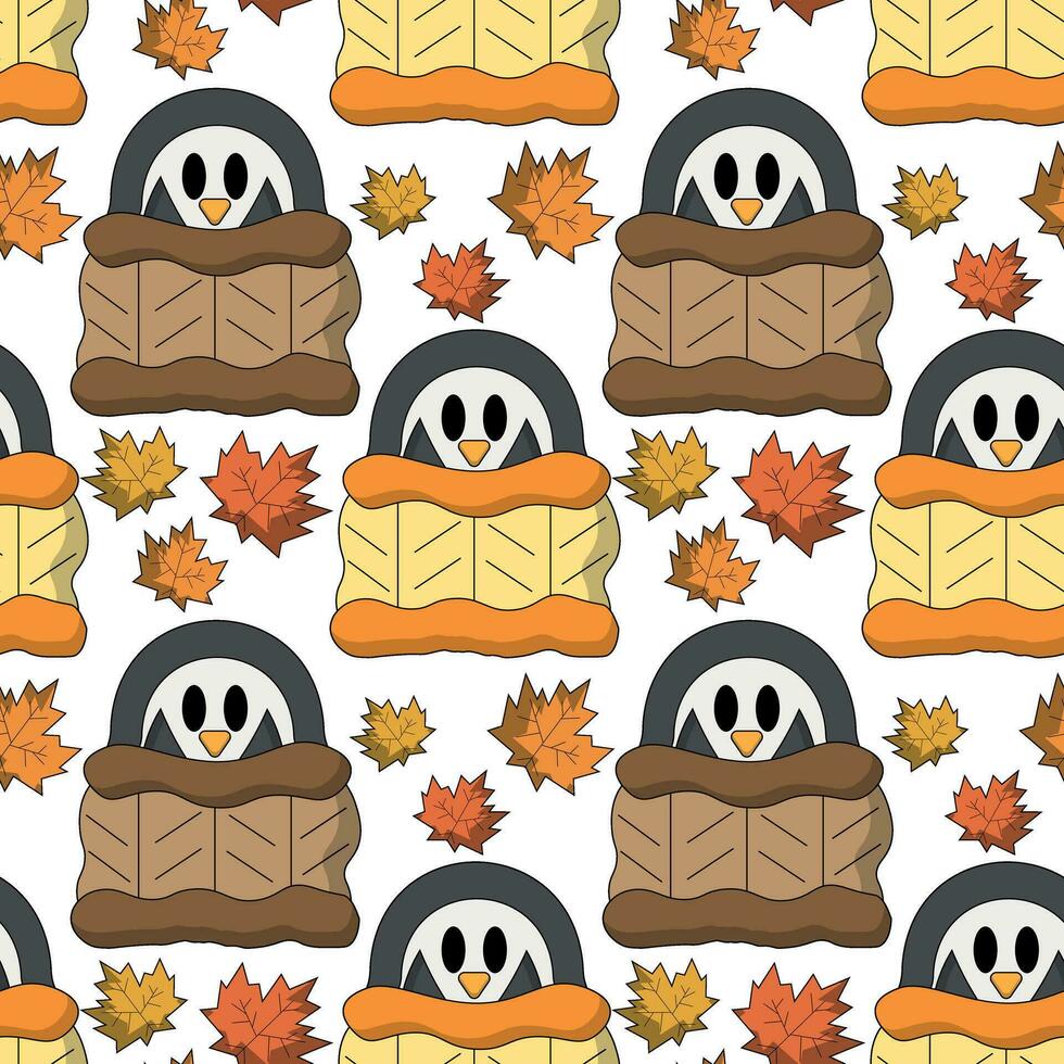 Seamless pattern with Cute Penguin in sweater and leaf vector