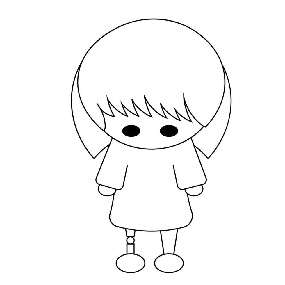 Cartoon cute Asian girl with prosthetic leg in black and white vector