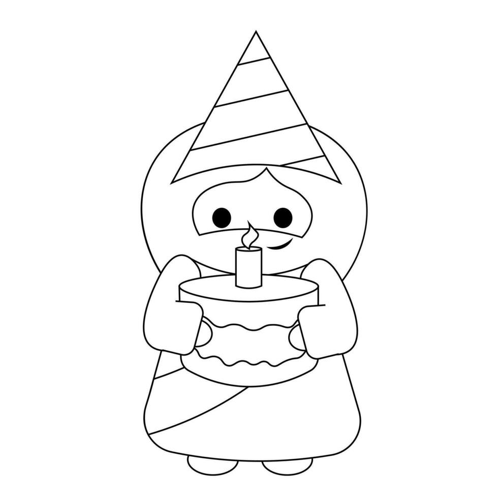 Cute God Jesus Christ with birthday cake in black and white vector