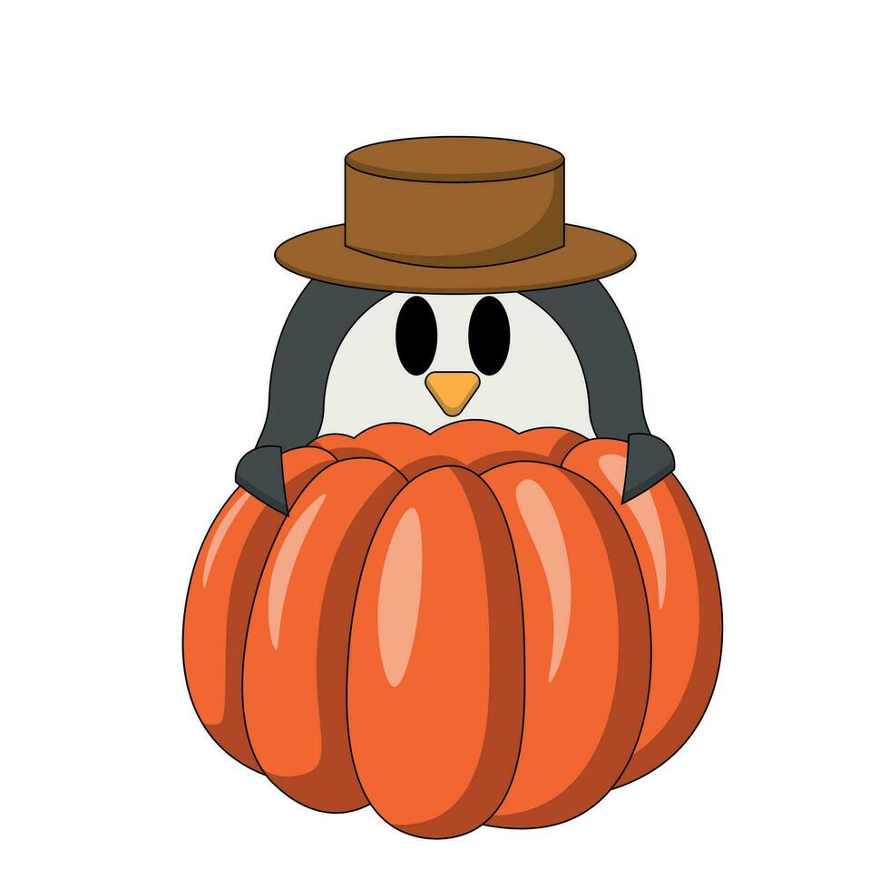 Cartoon cute Penguin and Pumpkin in color vector
