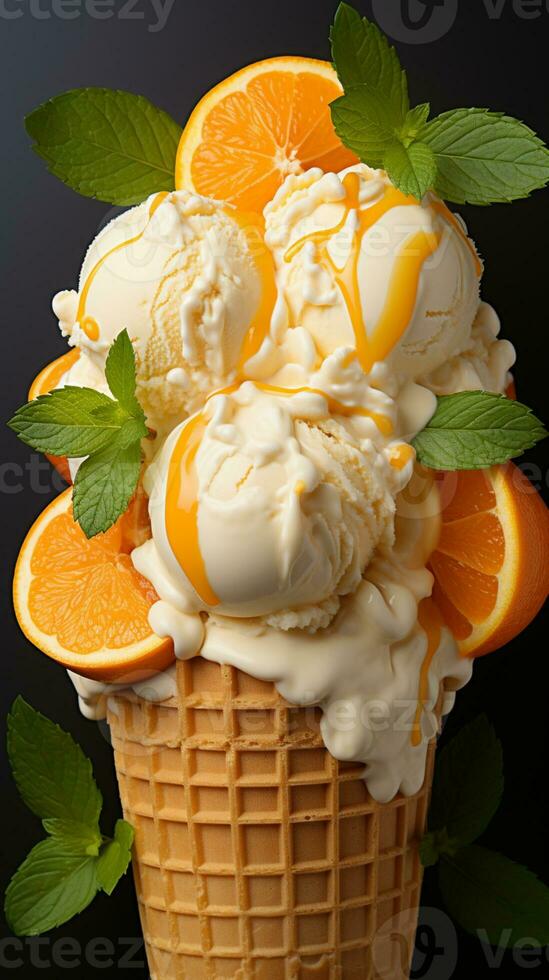 Ice cream cone orange and vanilla cold dessert AI generated photo