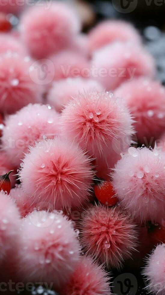 Pink fruit freeze winter frost story background AI generated photo