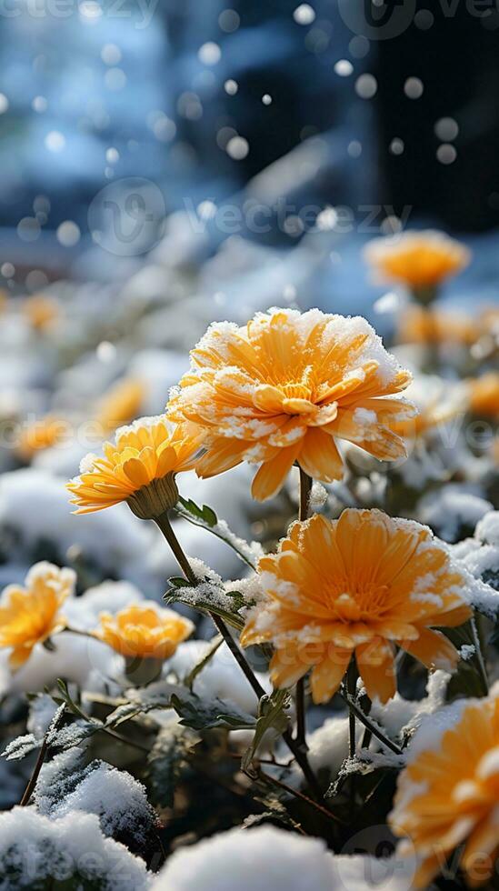 Winter calendula flower covered by snow evening sun AI generated photo