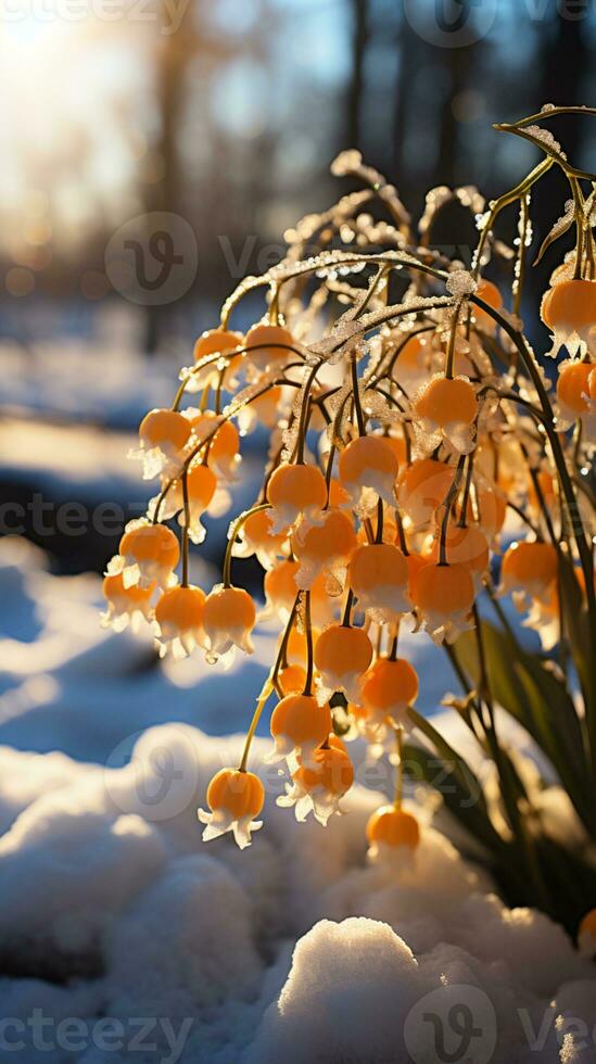 Lily of the valley flower on winter snow evening sun AI generated photo