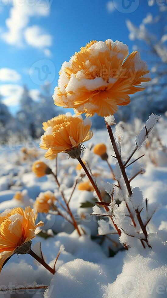 Winter calendula flower covered by snow evening sun AI generated photo