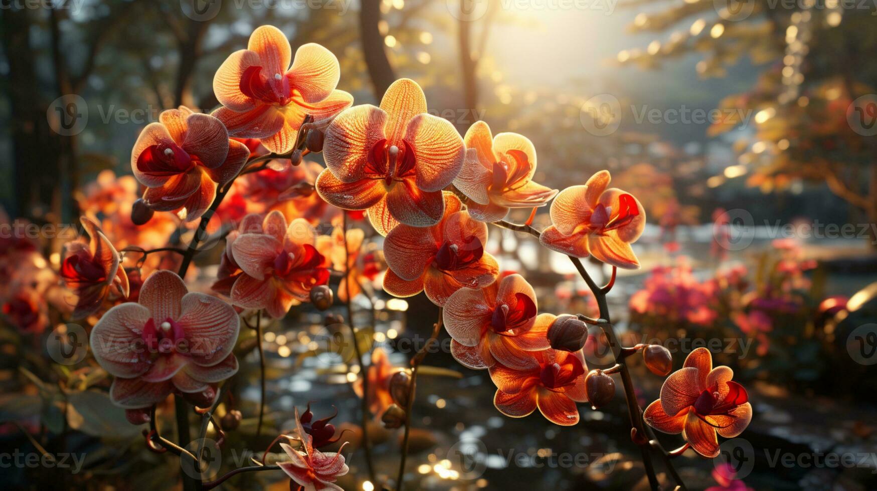 Orchid flower sunset or sunrise sky yellow light on golden hours AI generated photo