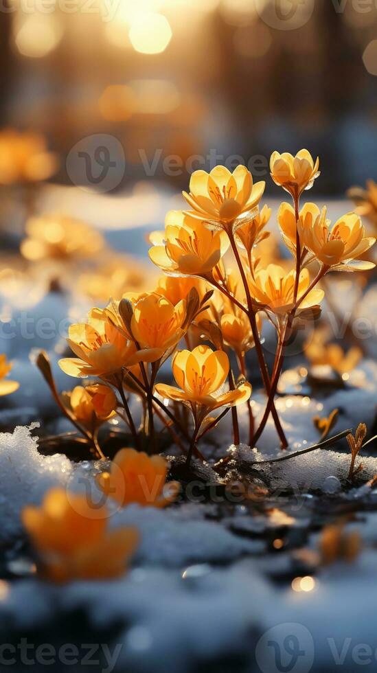 Aconite flower on winter snow evening sun AI generated photo