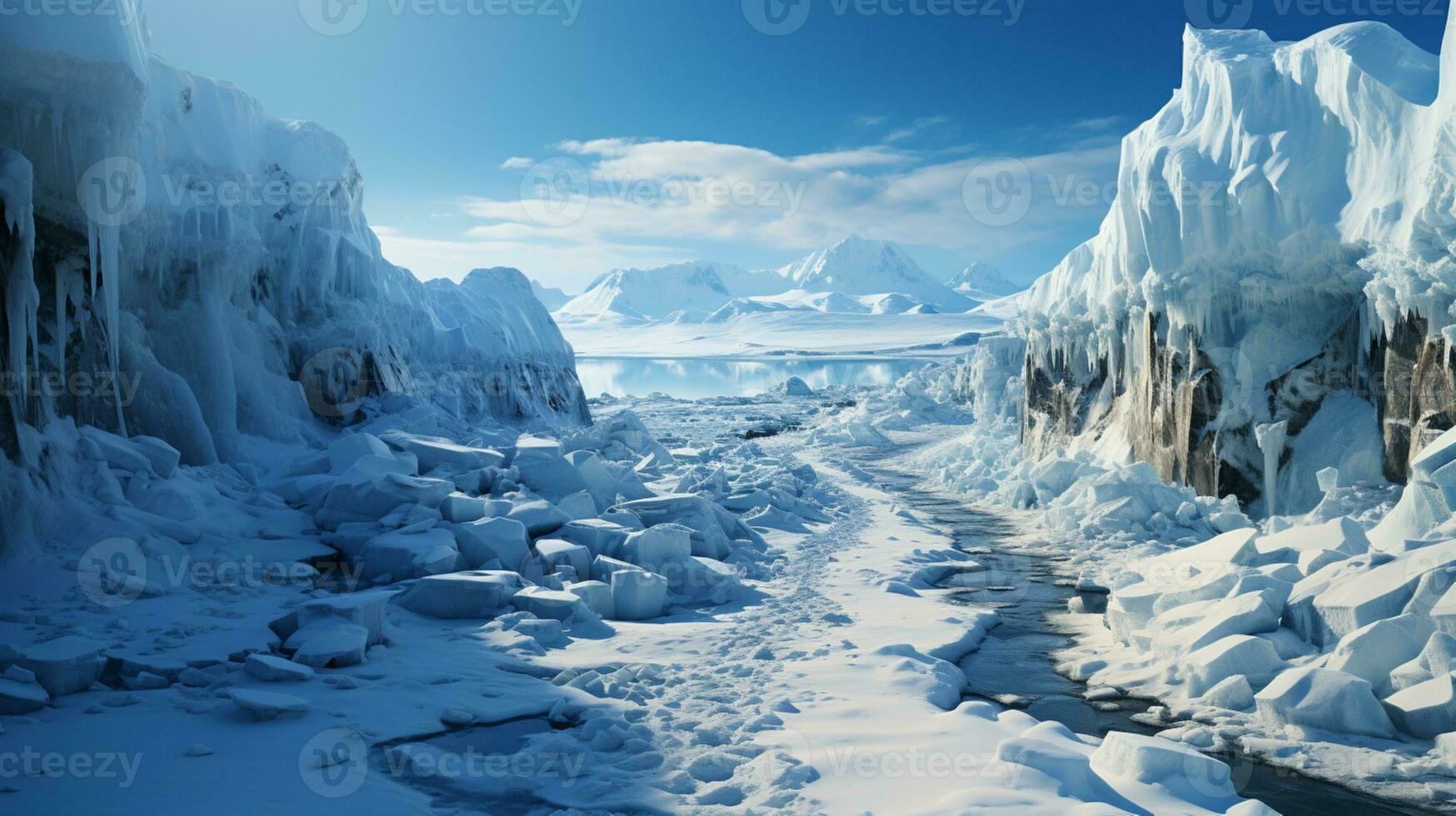 Ice cliff mountain traveler photo realistic AI generated